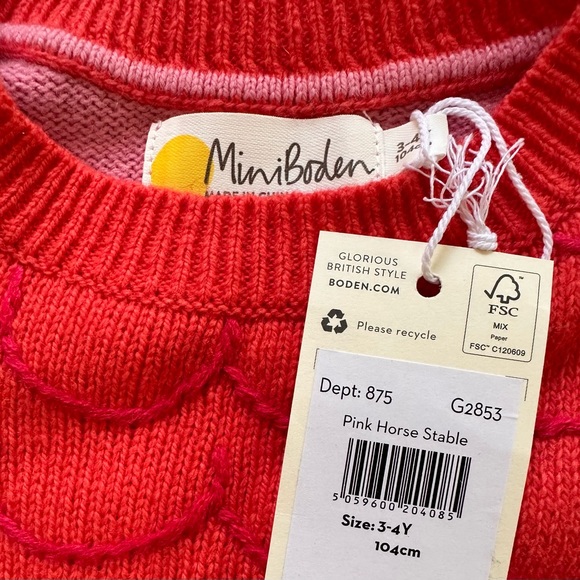 NWT. Mini Boden Pink Horse Stable Wool Blend Sweater, Size 3-4y - Picture 6 of 6
